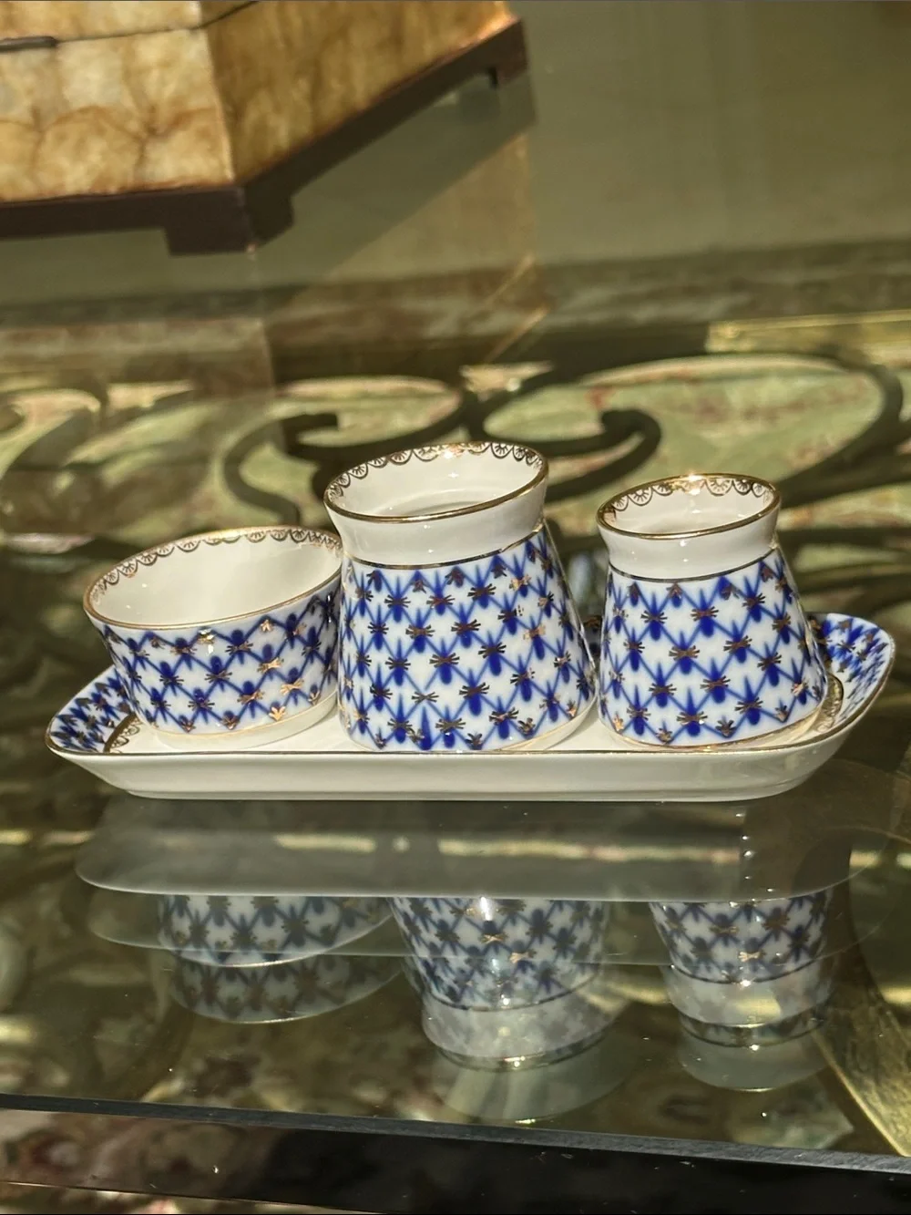 LOMONOSOV PORCELAIN SET, 4USSR, ST, ST. PETERSBURG Blue and White